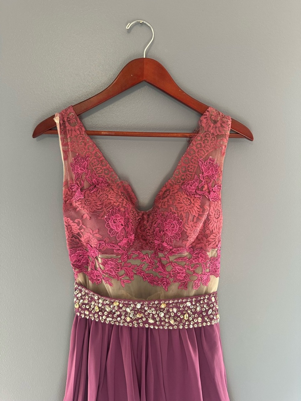 Beaded Lace Bodice Prom Dress in Plum - Picture 2 of 4
